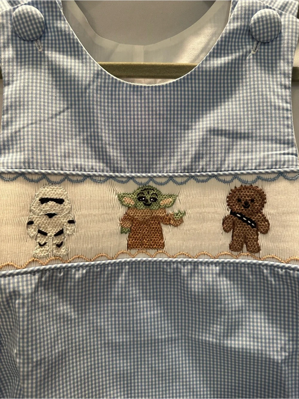 Blue Gingham Baby Romper with Character Smocking Star Wars